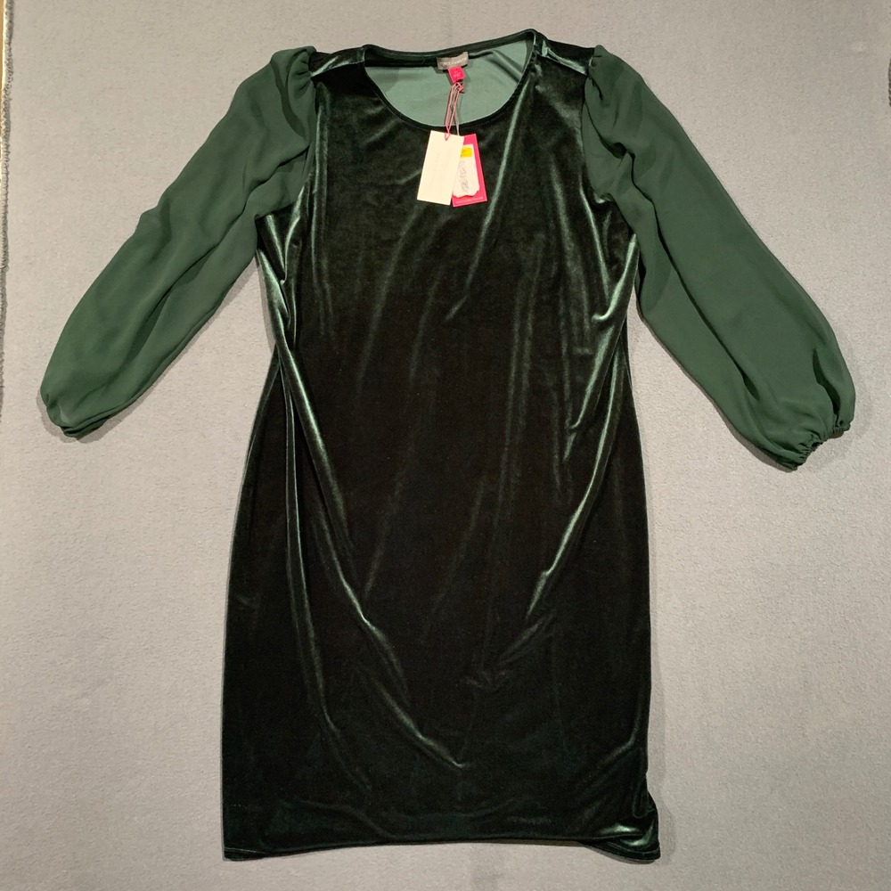 Vince Camuto Holiday Green Velvet‎ Long Sleeve Sheer Puff Sleeve Sheath Dress 1X
